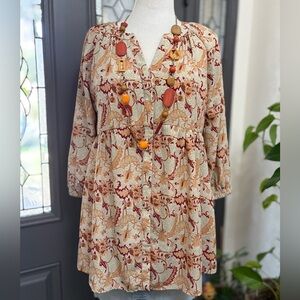Anthropologie Melloday Floral Bohemian Puff Sleeve Tunic Dress | Size Large